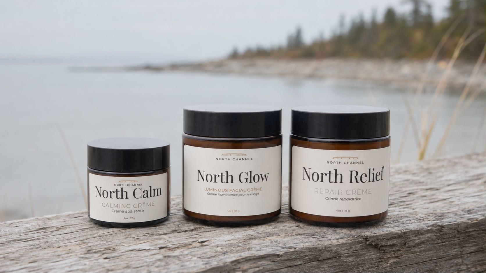 North Calm, North Glow and North Relief on weathered driftwood above the North Channel shoreline